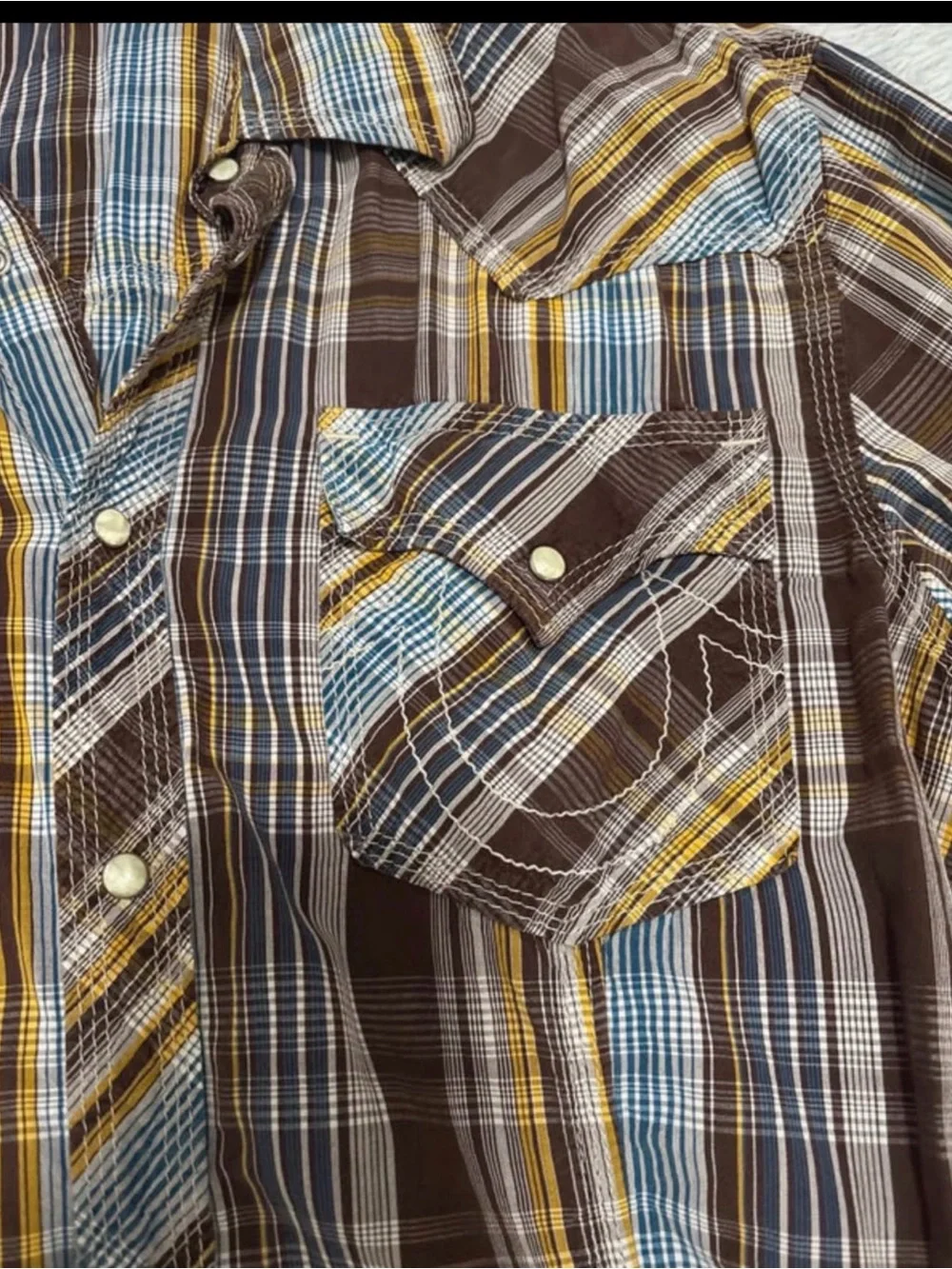 Original True Religion Men's Brown Plaid Button-Up Shirt with Yellow & Blue Stri